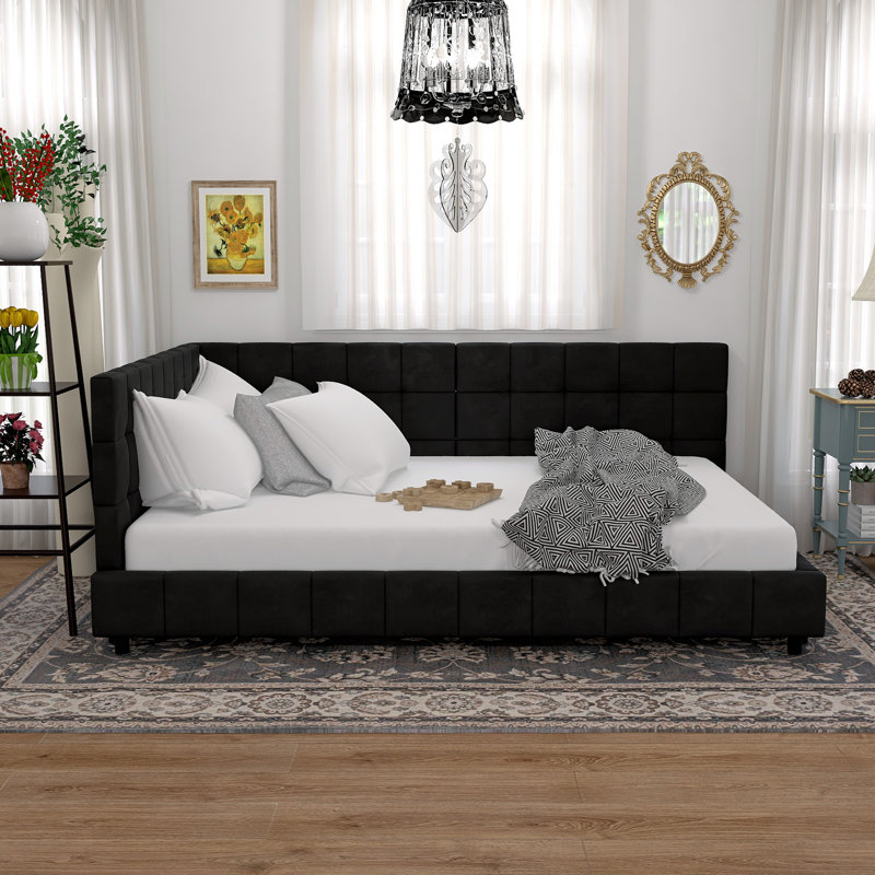 L Shape Corner Bed Frame Velvet Tufted Daybed Mercer41 Color Gray